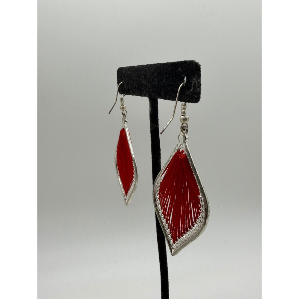 Red Thread Embroidered Diamond Drop Earrings Silver Tone Boho String Art Jewelry